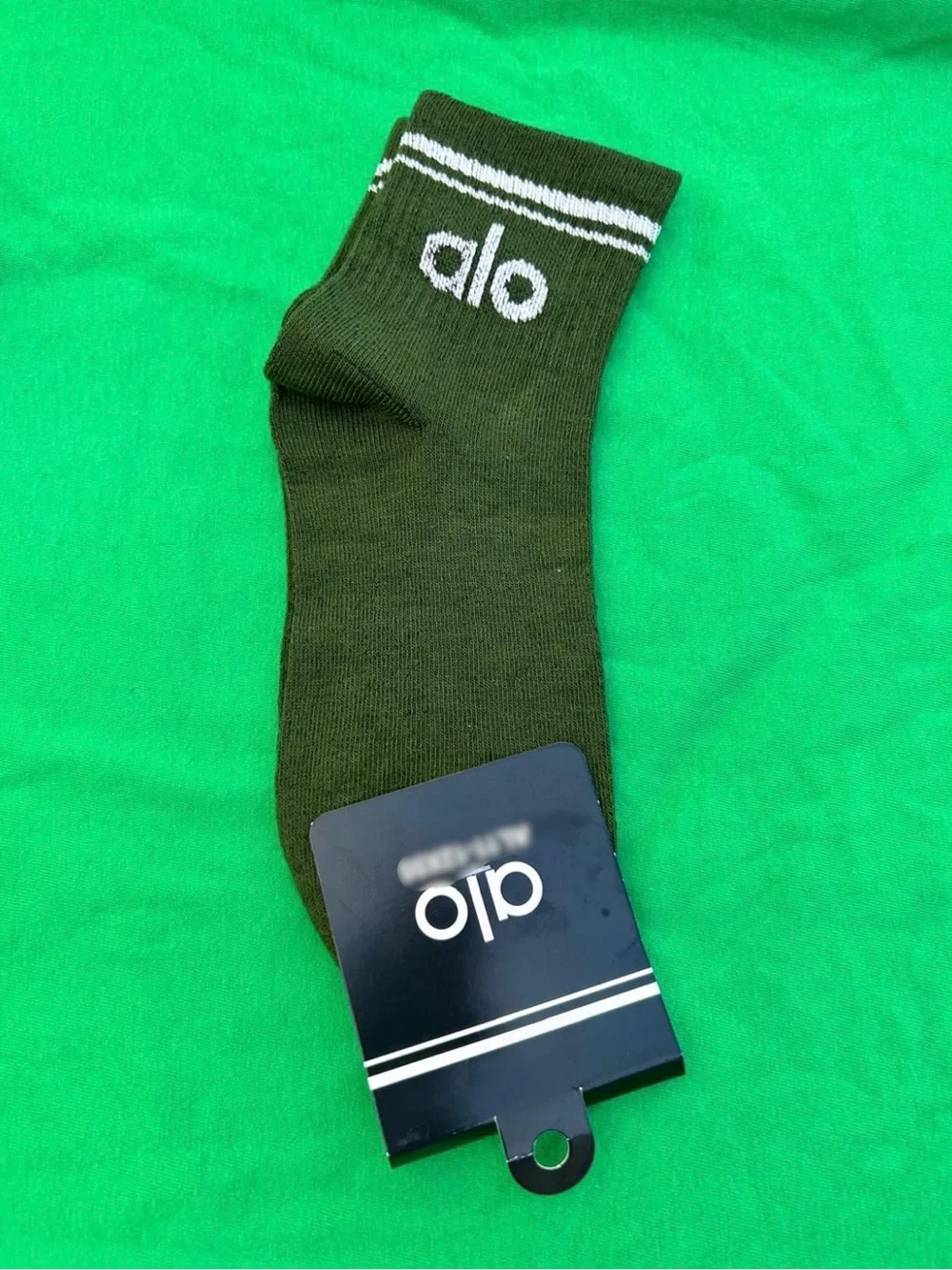 ALO Yoga Olive Green Crew Socks with White Stripe Detail